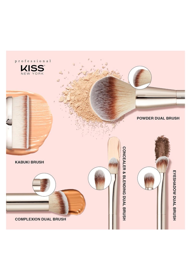 KISS NEW YORK Professional Dual Ended Powder Brush, All Over Face Application, Easy Sculped Look with Angled Powder Brush for Blush, Setting Powder, Contour