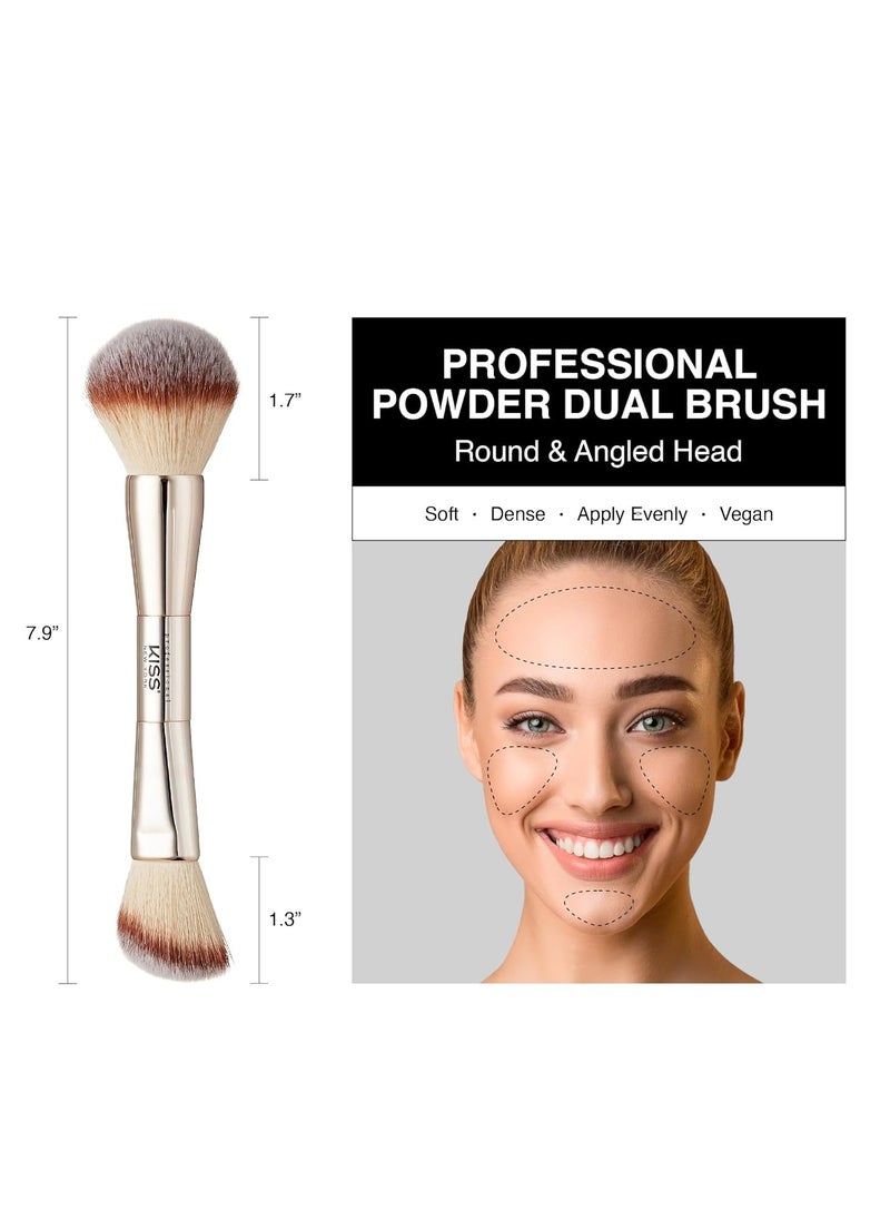 KISS NEW YORK Professional Dual Ended Powder Brush, All Over Face Application, Easy Sculped Look with Angled Powder Brush for Blush, Setting Powder, Contour