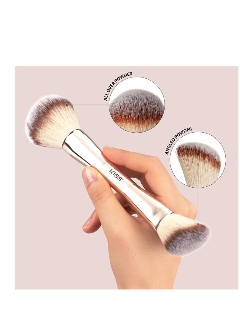 KISS NEW YORK Professional Dual Ended Powder Brush, All Over Face Application, Easy Sculped Look with Angled Powder Brush for Blush, Setting Powder, Contour