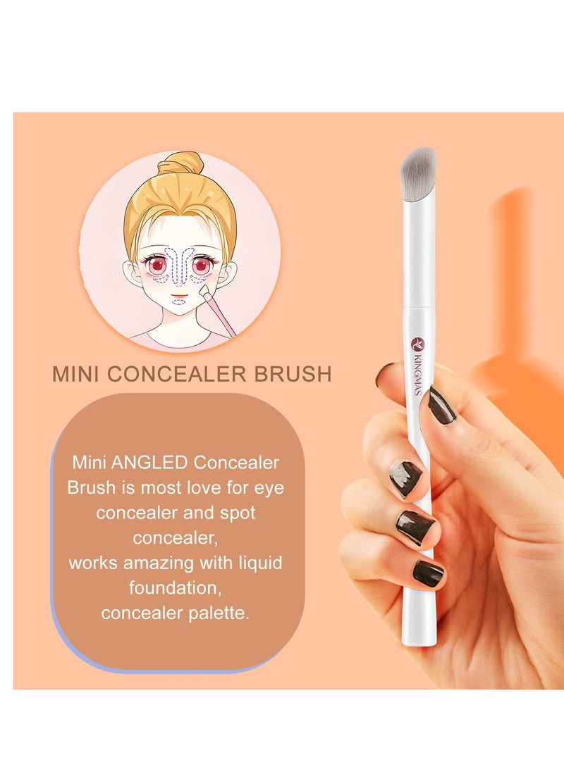 KINGMAS Angled Mini Concealer Brush, Kabuki Makeup Brush Under Eye Contour Brush for Liquid, Blending, Cream, Powder, Blush Buffing Stippling Face Makeup Tools White (370)