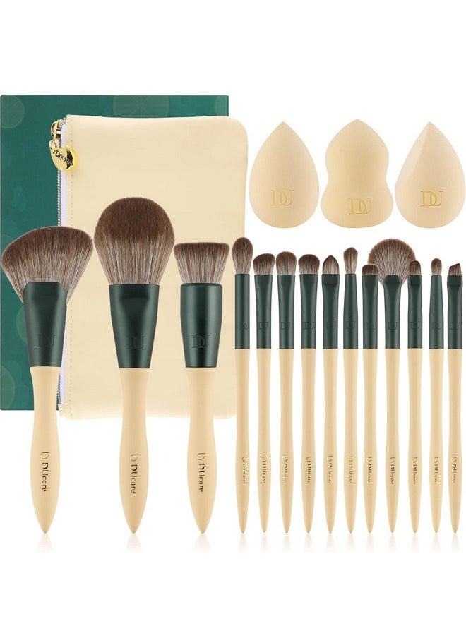 DUcare Makeup Brushes 14Pcs With 3Pcs Makeup Spong & Cosmetic Bag - Lime Mojito Series Professional Kabuki Foundation Blending Brush Face Powder Blush Concealers Eye Shadows