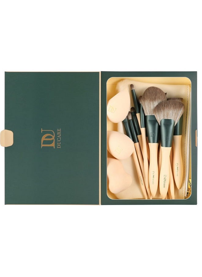 DUcare Makeup Brushes 14Pcs With 3Pcs Makeup Spong & Cosmetic Bag - Lime Mojito Series Professional Kabuki Foundation Blending Brush Face Powder Blush Concealers Eye Shadows