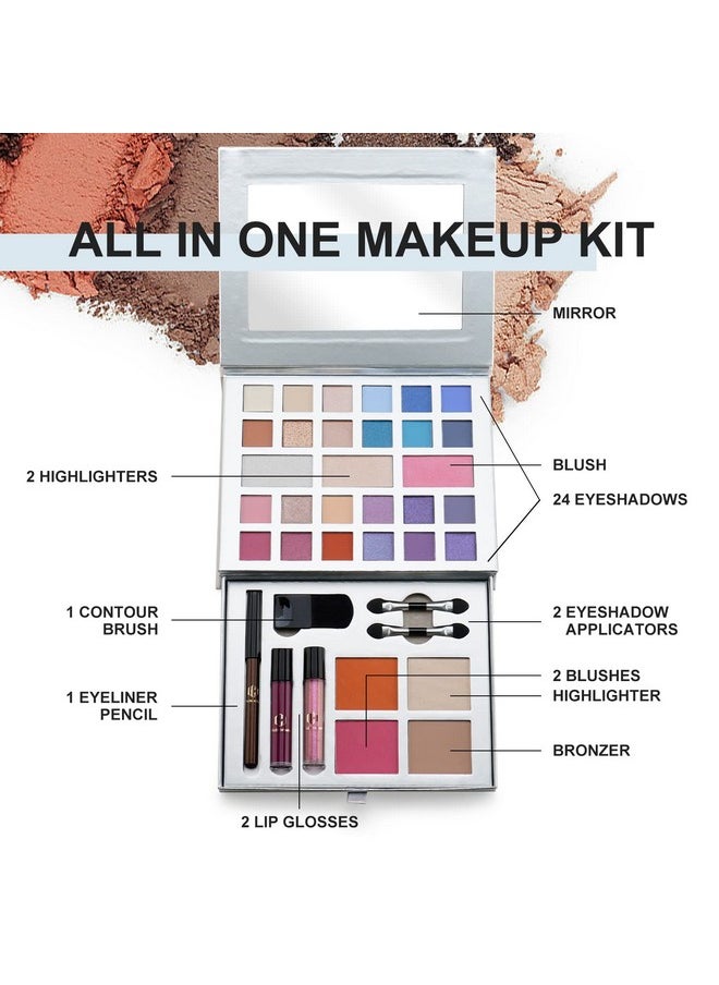 Makeup Kit For Teens, All In One Makeup Kit For Women Included 24 Colors Of Matte Shimmer Eyeshadow, Highly Pigmented Lip Glosses, Eyeliner Pencil, Brushes, And Mirror