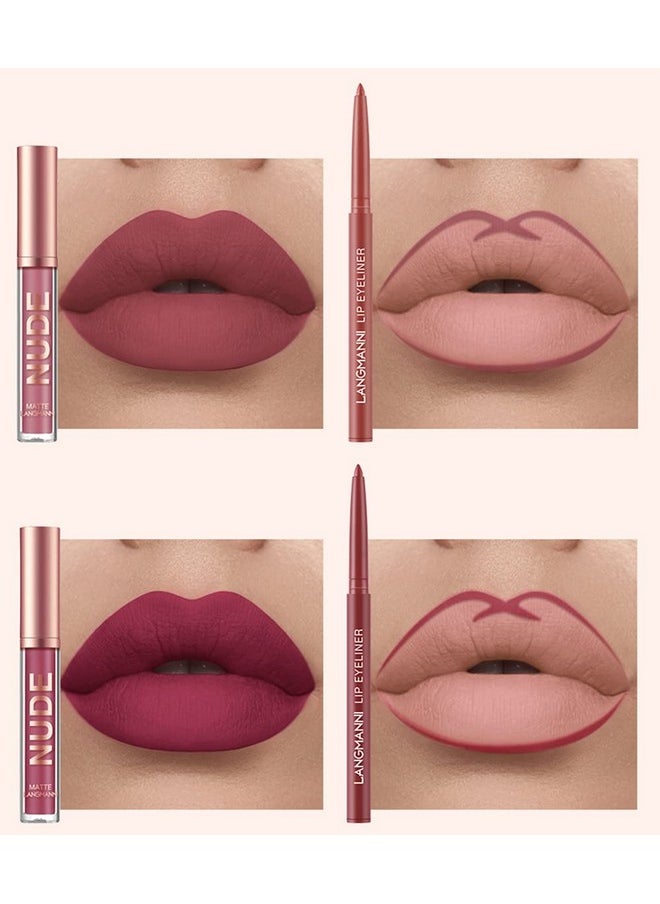 12Pcs Lip Liner And Lipstick Set, 6 Velvety Matte Liquid Lipsticks + 6 Matching Smooth Lip Liner One Step Lips Long Lasting Waterproof Makeup Kits Gift Set
