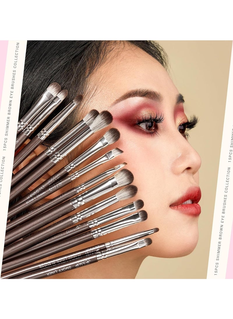 Jessup Eye Makeup Brushes Set Professional 15pcs Brown Eyeshadow Brush Eyebrow Concealer Eyeliner Blending Brush for Makeup Premium Synthetic Eye Brush Set T499