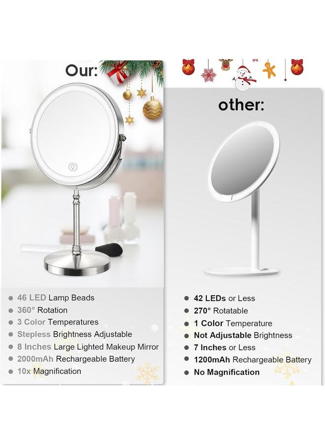 Lighted Makeup Mirror, 3000 mAh Rechargeable Double Sided Magnifying Mirror with 3 Colors, 1x/10x 360° Rotation Vanity Mirror, Brightness Adjustable Magnification Cosmetic Light up Mirror, Women Gift