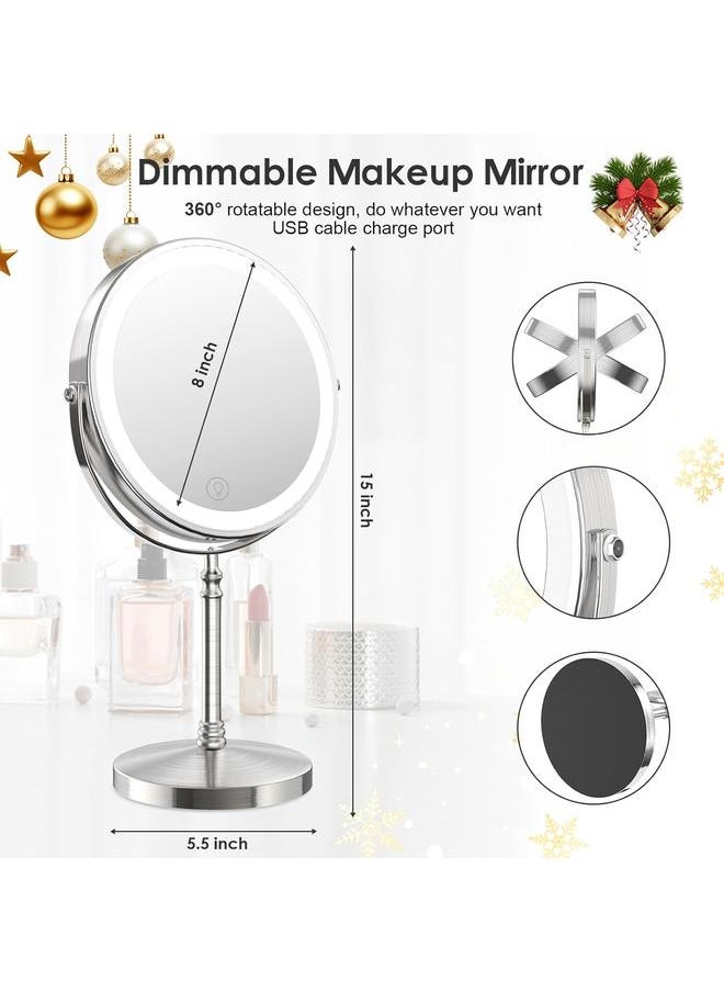 Lighted Makeup Mirror, 3000 mAh Rechargeable Double Sided Magnifying Mirror with 3 Colors, 1x/10x 360° Rotation Vanity Mirror, Brightness Adjustable Magnification Cosmetic Light up Mirror, Women Gift