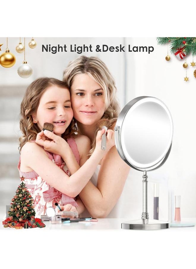 Lighted Makeup Mirror, 3000 mAh Rechargeable Double Sided Magnifying Mirror with 3 Colors, 1x/10x 360° Rotation Vanity Mirror, Brightness Adjustable Magnification Cosmetic Light up Mirror, Women Gift