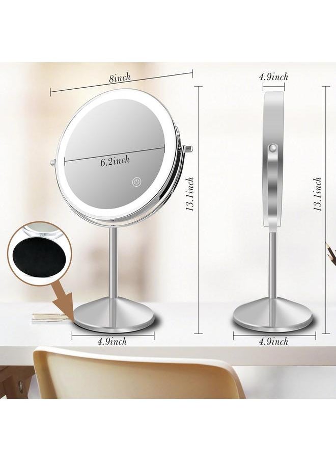 bluejw Lighted Makeup Mirror, 8'' Rechargable LED Vanity Magnifying Mirror, Double Sided 5X Manification Mirror with Stand, Cosmetic Standing Desk Mirror