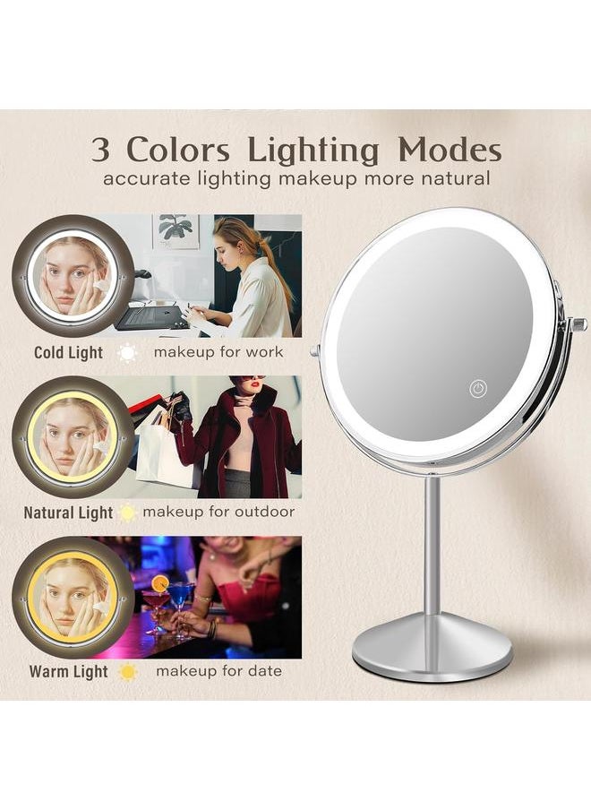 bluejw Lighted Makeup Mirror, 8'' Rechargable LED Vanity Magnifying Mirror, Double Sided 5X Manification Mirror with Stand, Cosmetic Standing Desk Mirror