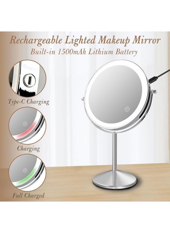 bluejw Lighted Makeup Mirror, 8'' Rechargable LED Vanity Magnifying Mirror, Double Sided 5X Manification Mirror with Stand, Cosmetic Standing Desk Mirror