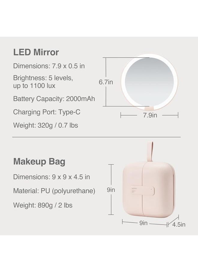 bluejw M2 LumoCube Makeup Mirror with Bag - Portable LED Makeup Mirror with Lights, 5-Level Brightness, 3-Color Lights - Travel Makeup Organizer - Pink