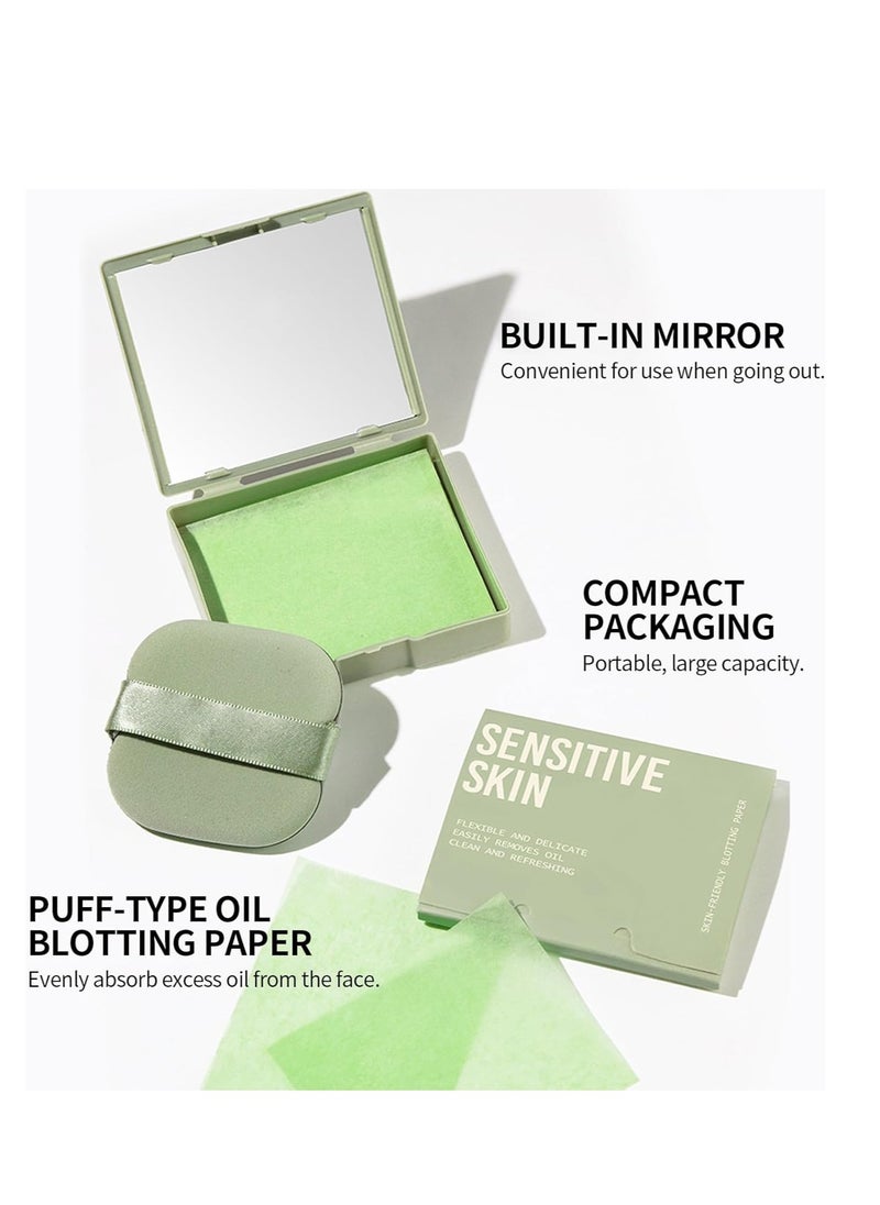 Erinde Oil Blotting Sheets for Face with Mirror and Puff, 300 Sheets Oil Blotting Paper for Oily Skin, Face Oil Absorbing Sheets, Natural Oil Control Film, Absorb Excess Oil, Makeup Friendly