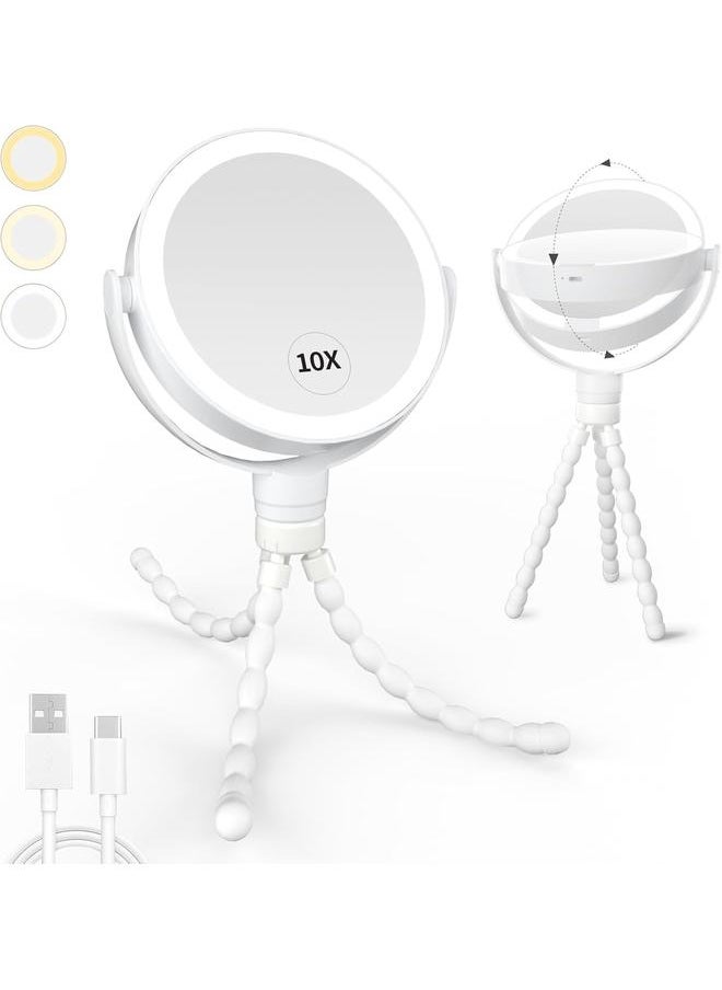 bluejw Lighted Makeup Mirror, 1X/10X Double Sided LED Magnifying Mirror, 3 Color Lights Touch Dimmable Rechargeable Portable Travel Makeup Mirror with Detachable Stand,White