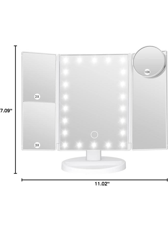 Makeup Mirror Vanity Mirror with Lights, Bathroom Adjustable Brightness Mirrors 1X/2X/3X/10X Magnification and Touch Screen Trifold Makeup Mirror Two Power Supply Modes Women Gift White