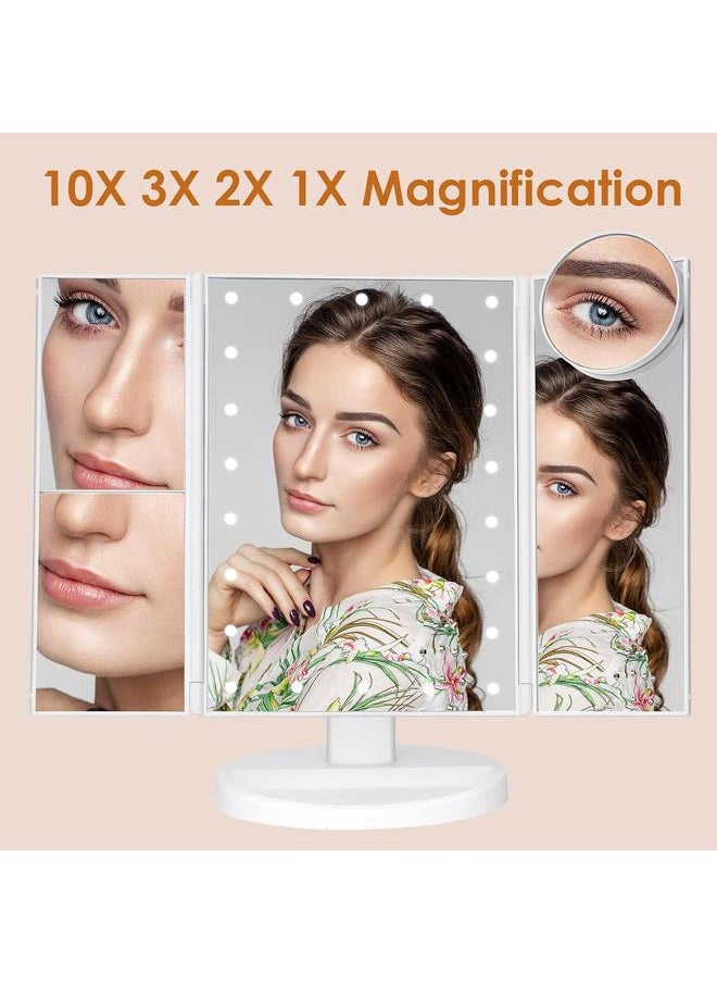 Makeup Mirror Vanity Mirror with Lights, Bathroom Adjustable Brightness Mirrors 1X/2X/3X/10X Magnification and Touch Screen Trifold Makeup Mirror Two Power Supply Modes Women Gift White