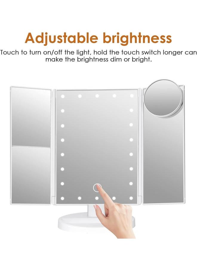 Makeup Mirror Vanity Mirror with Lights, Bathroom Adjustable Brightness Mirrors 1X/2X/3X/10X Magnification and Touch Screen Trifold Makeup Mirror Two Power Supply Modes Women Gift White