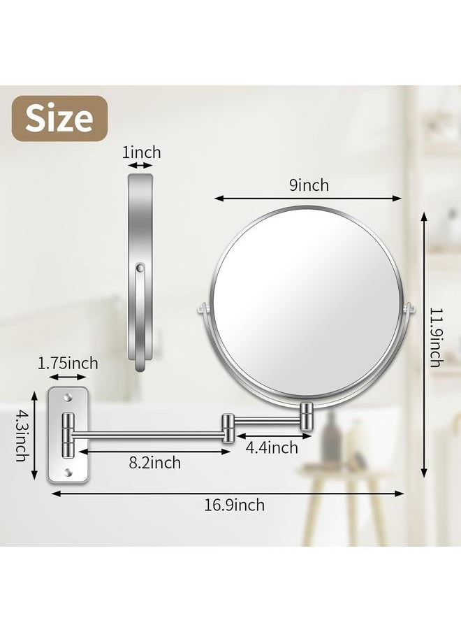 9” Large Wall Mounted Makeup Mirror 1X/7X Double-Side Bathroom Magnifying Mirror 360 Swivel Vanity Mirror Extendable Shaving Wall Mount Cosmetic Mirror for Men and Women, Chrome