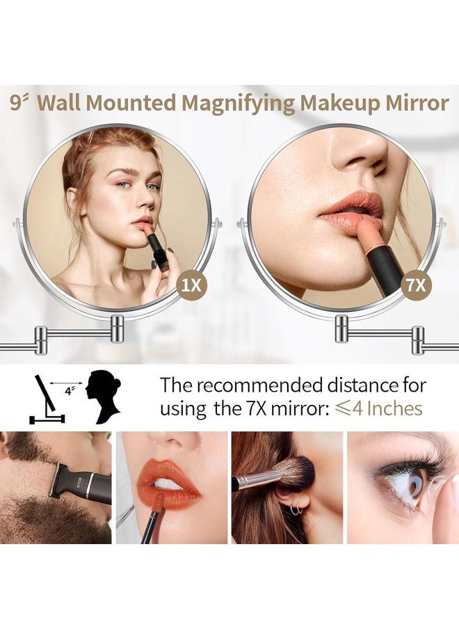 9” Large Wall Mounted Makeup Mirror 1X/7X Double-Side Bathroom Magnifying Mirror 360 Swivel Vanity Mirror Extendable Shaving Wall Mount Cosmetic Mirror for Men and Women, Chrome