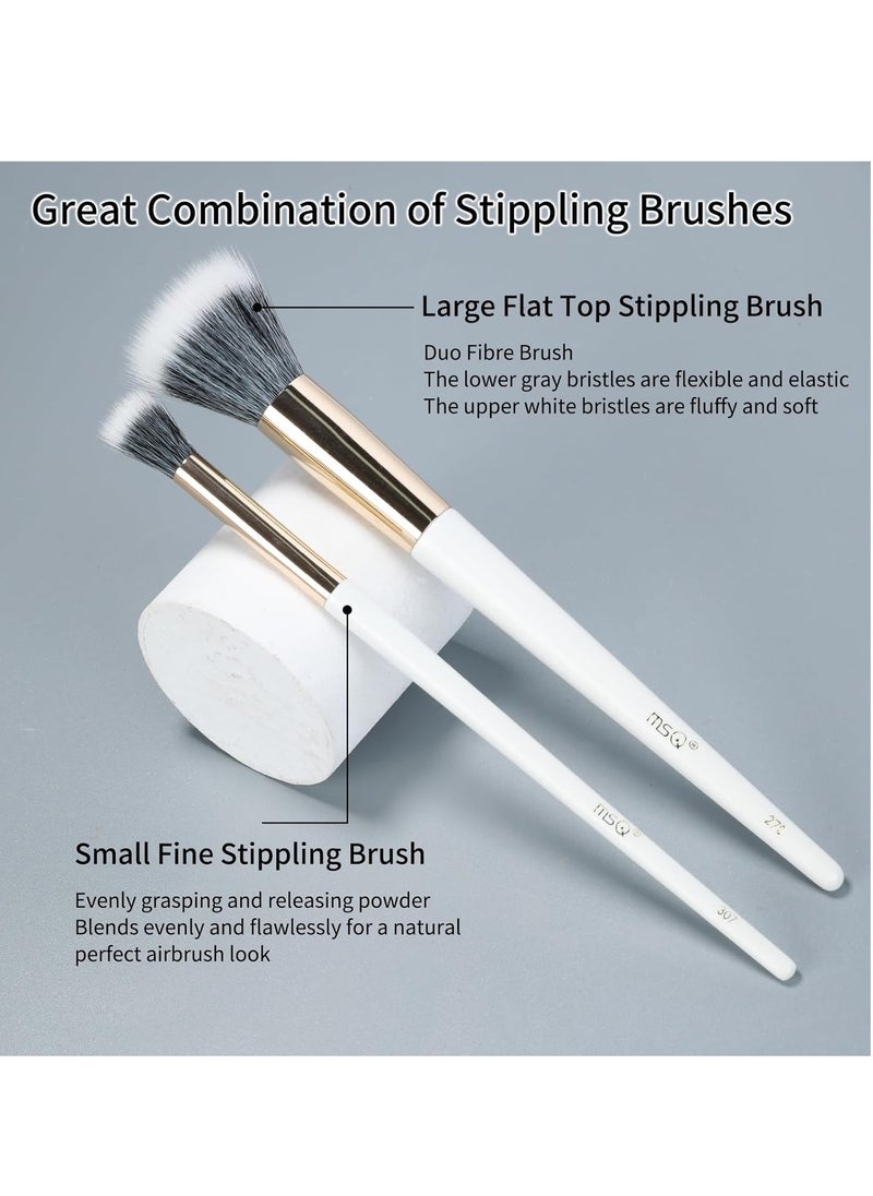 MSQ Stipple Blush Brushes, 2PCS Duo Fiber Stippling Brush Flat Top Double Stipple Makeup Brush, Great for Blending, Highlight, Blush,Contour, Cream, Foundation,Smooth & Natural White