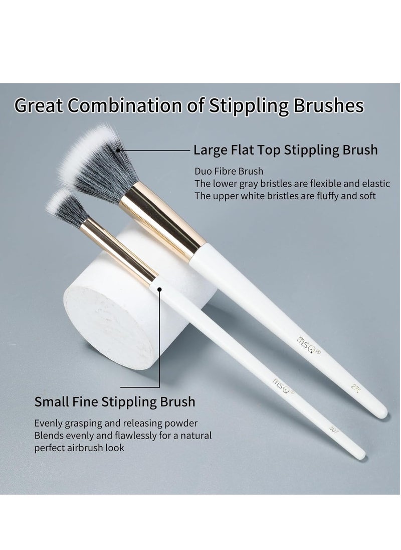 MSQ Stipple Blush Brushes, 2PCS Duo Fiber Stippling Brush Flat Top Double Stipple Makeup Brush, Great for Blending, Highlight, Blush,Contour, Cream, Foundation,Smooth & Natural White