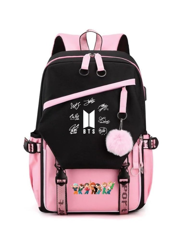 BTS Girls Backpack With USB Charging Port-Travel Companion For BTS Fans And Students-Casual Shoulder Bag And Book Bag-BTS Fans Merchandise Gifts