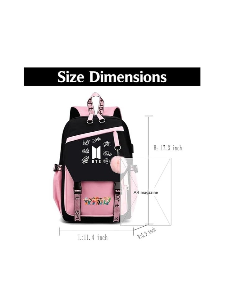 BTS Girls Backpack With USB Charging Port-Travel Companion For BTS Fans And Students-Casual Shoulder Bag And Book Bag-BTS Fans Merchandise Gifts