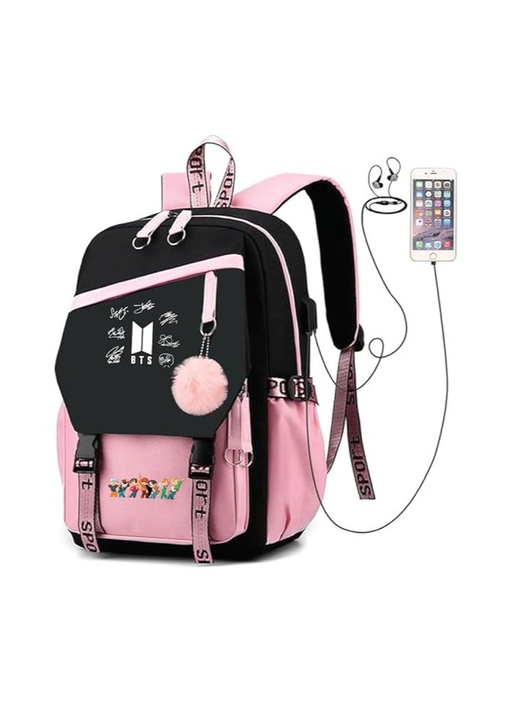 BTS Girls Backpack With USB Charging Port-Travel Companion For BTS Fans And Students-Casual Shoulder Bag And Book Bag-BTS Fans Merchandise Gifts