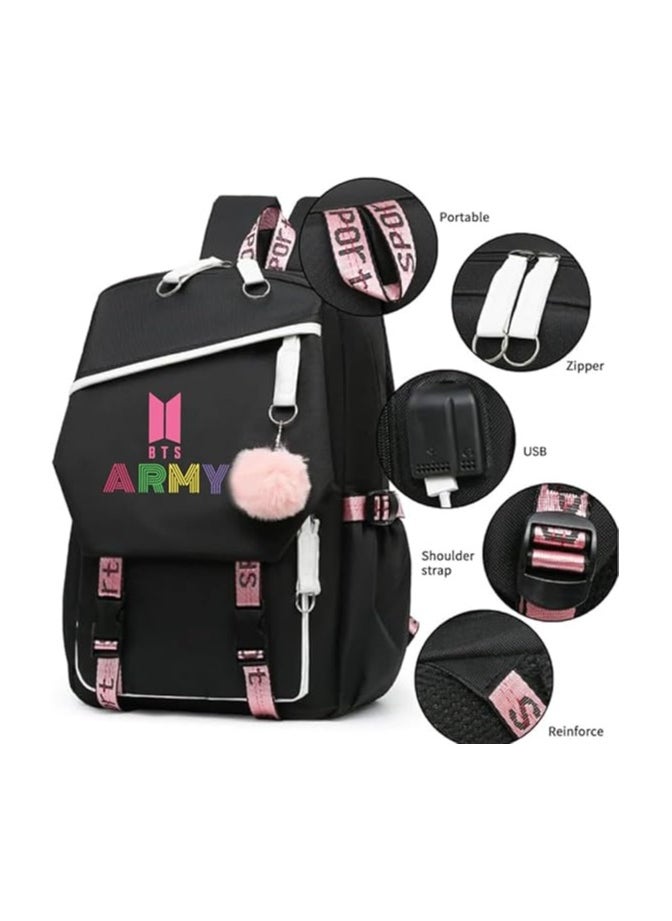 BTS Girls Backpack With USB Charging Port-Travel Companion For BTS Fans And Students-Casual Shoulder Bag And Book Bag-BTS Fans Merchandise Gifts