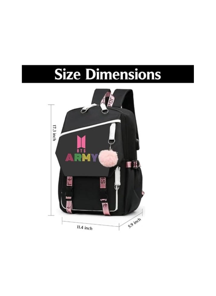 BTS Girls Backpack With USB Charging Port-Travel Companion For BTS Fans And Students-Casual Shoulder Bag And Book Bag-BTS Fans Merchandise Gifts