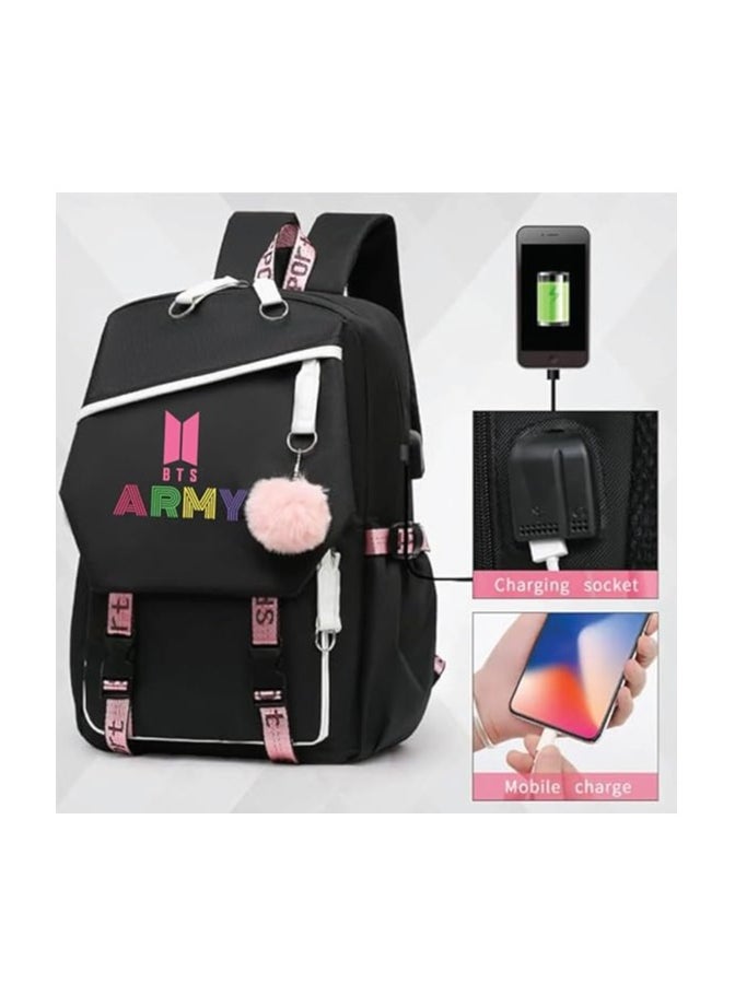 BTS Girls Backpack With USB Charging Port-Travel Companion For BTS Fans And Students-Casual Shoulder Bag And Book Bag-BTS Fans Merchandise Gifts