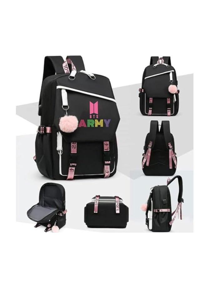 BTS Girls Backpack With USB Charging Port-Travel Companion For BTS Fans And Students-Casual Shoulder Bag And Book Bag-BTS Fans Merchandise Gifts