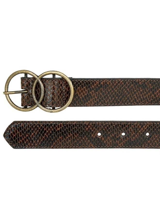 Women Leather Bold Fashion Statement Belts, Snakeskin Double Ring-Brown, M (28-30