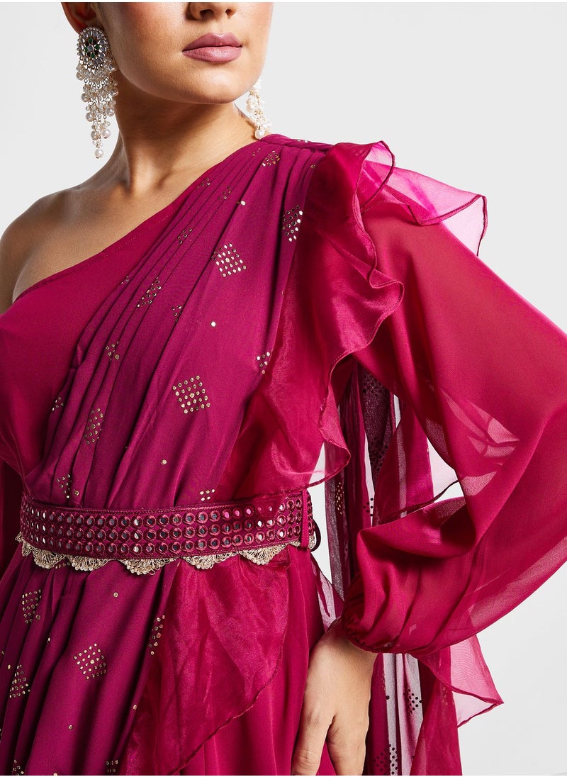 One Shoulder Belted Kurti With Attached Dupatta