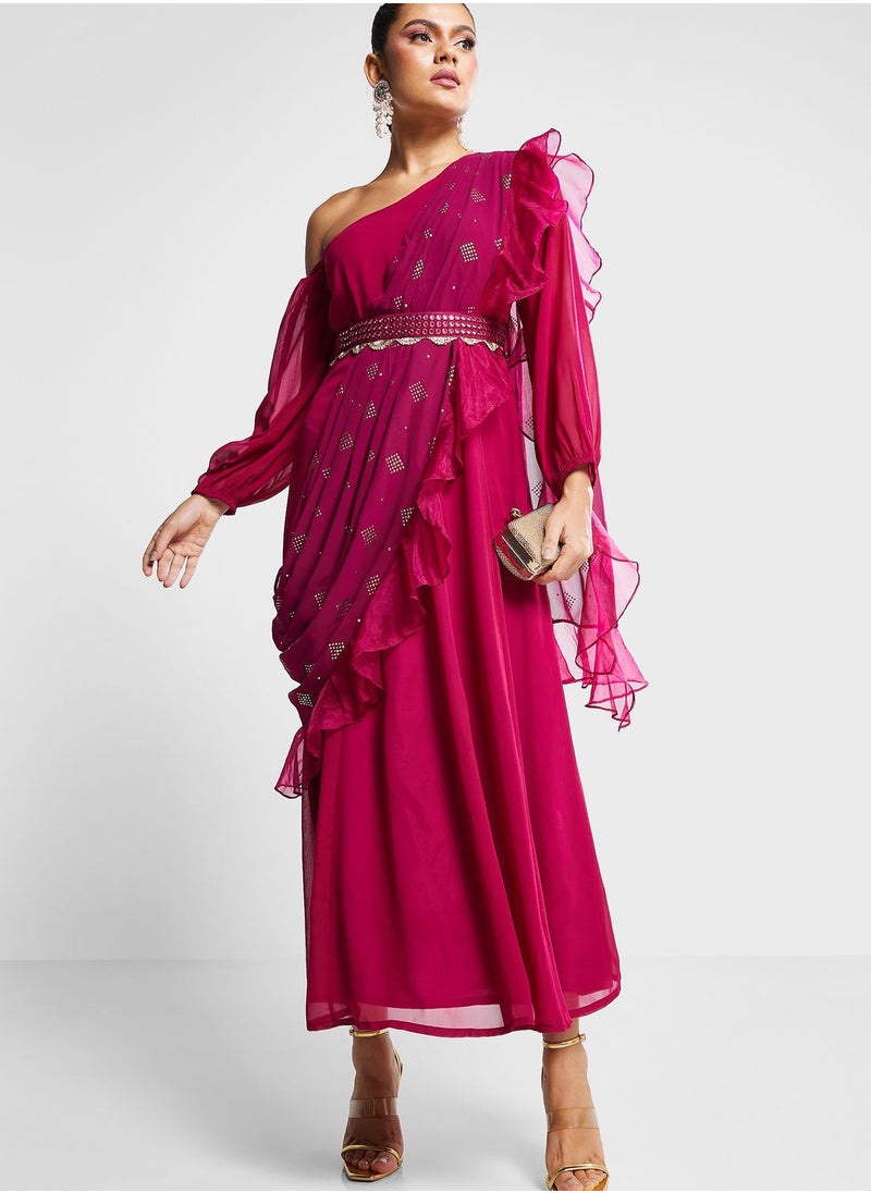 One Shoulder Belted Kurti With Attached Dupatta