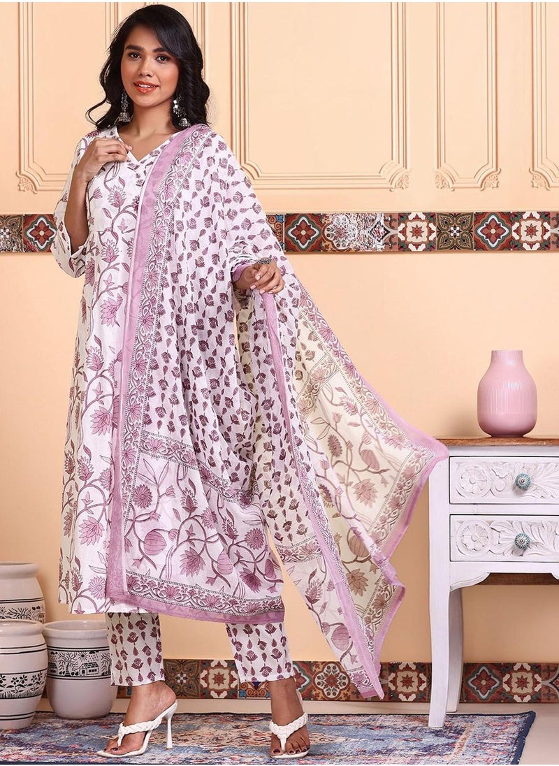 Women Pink Cotton Kurta sets with Dupatta