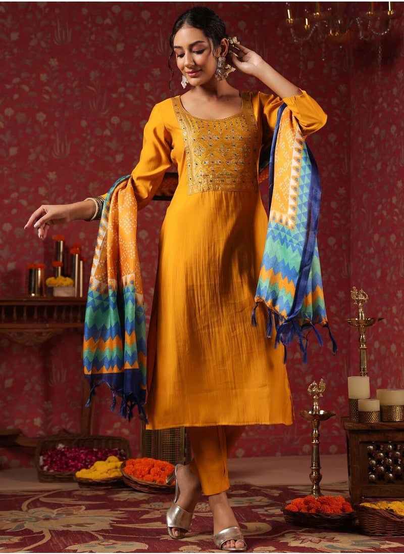 Women's Ethnic Wear MUSTARD STRAIGHT POLY SILK Kurta Set with Dupatta