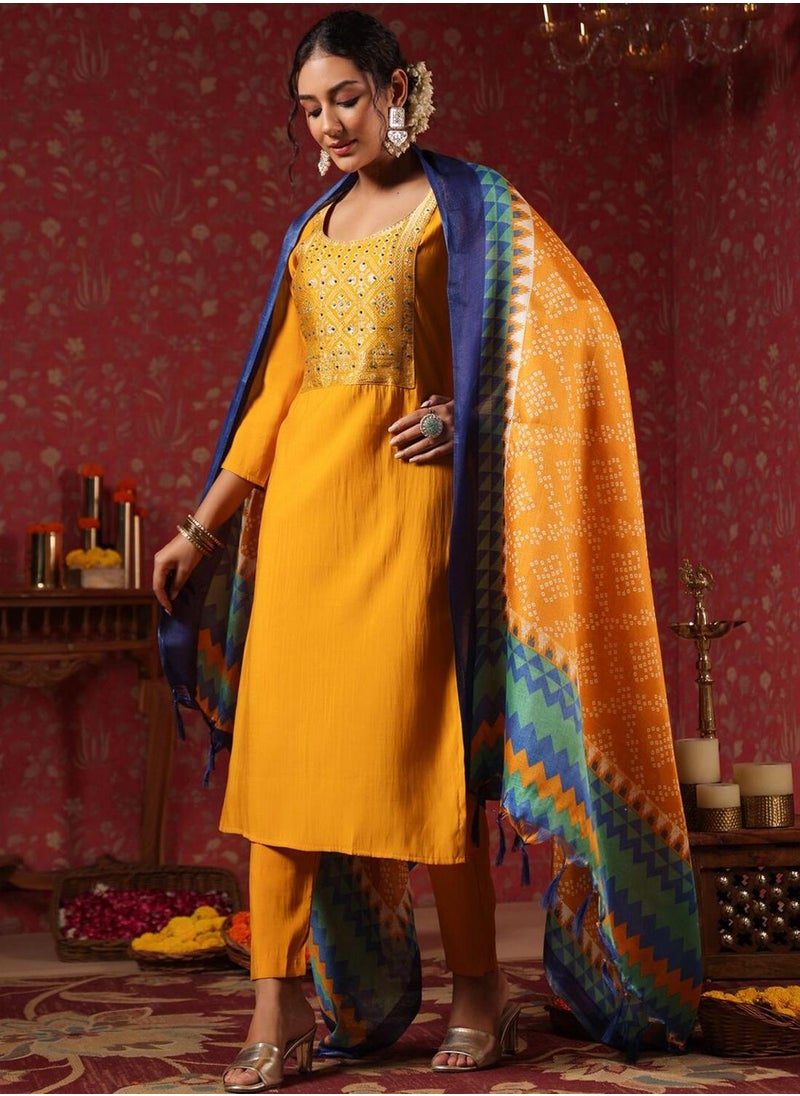 Women's Ethnic Wear MUSTARD STRAIGHT POLY SILK Kurta Set with Dupatta