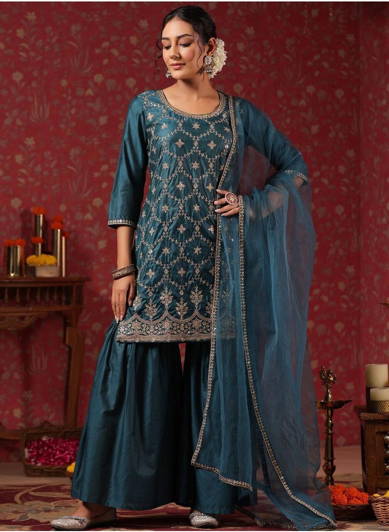 Women's Ethnic TEAL STRAIGHT POLY SILK Kurta Set with Dupatta