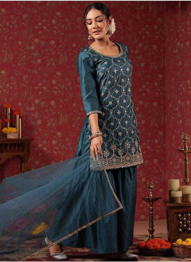 Women's Ethnic TEAL STRAIGHT POLY SILK Kurta Set with Dupatta