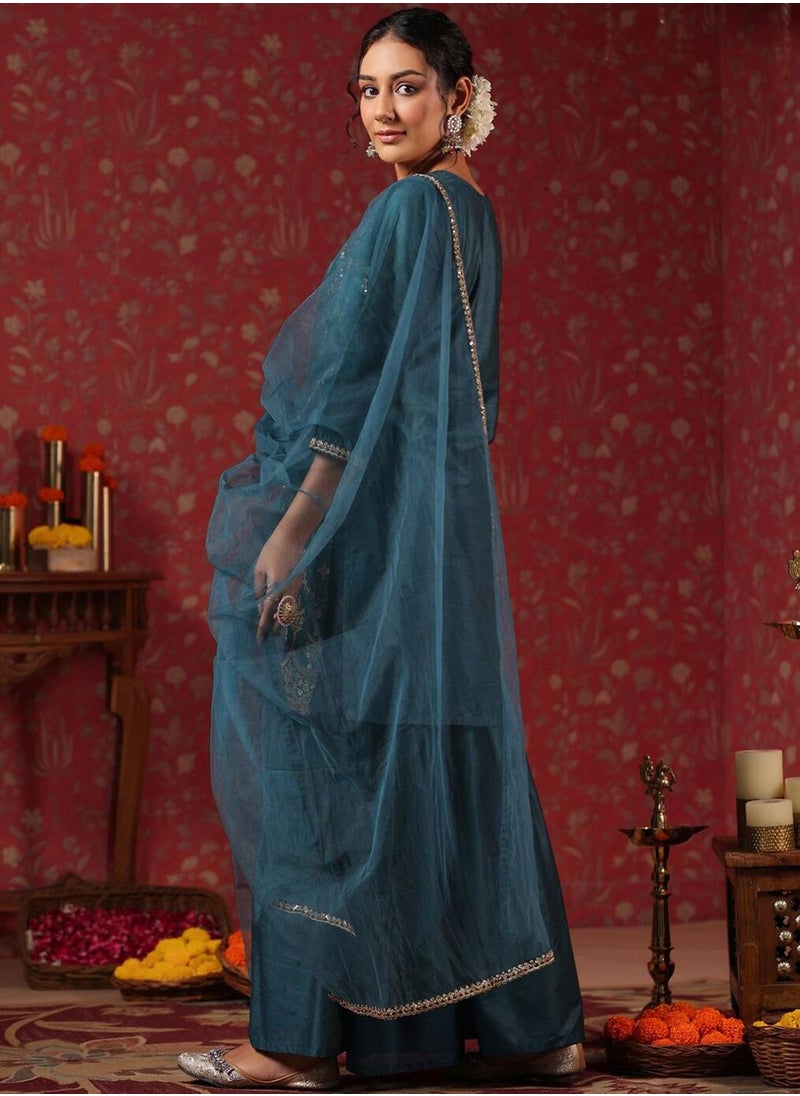 Women's Ethnic TEAL STRAIGHT POLY SILK Kurta Set with Dupatta