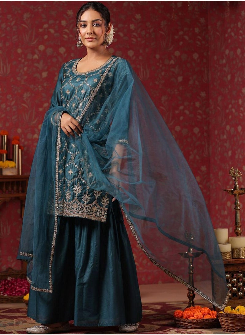 Women's Ethnic TEAL STRAIGHT POLY SILK Kurta Set with Dupatta