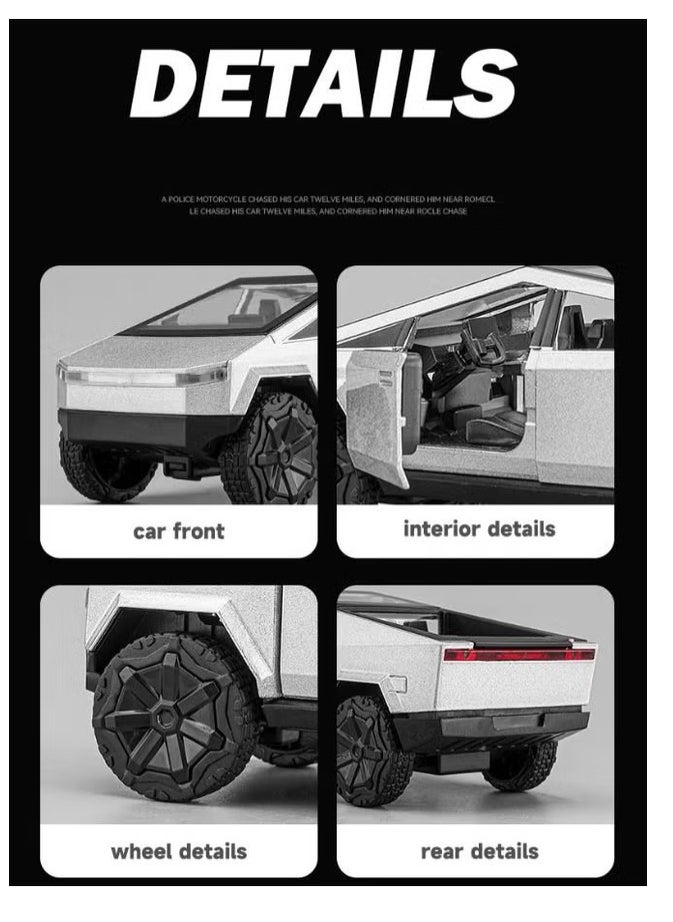 1:36 Tesla Pickup Car Model Toy, Diecast Zinc Alloy Pull Back Toy Car, Sound and Light Pull Back Model Car for Kids Boy Girl Gift (Black/Silver)