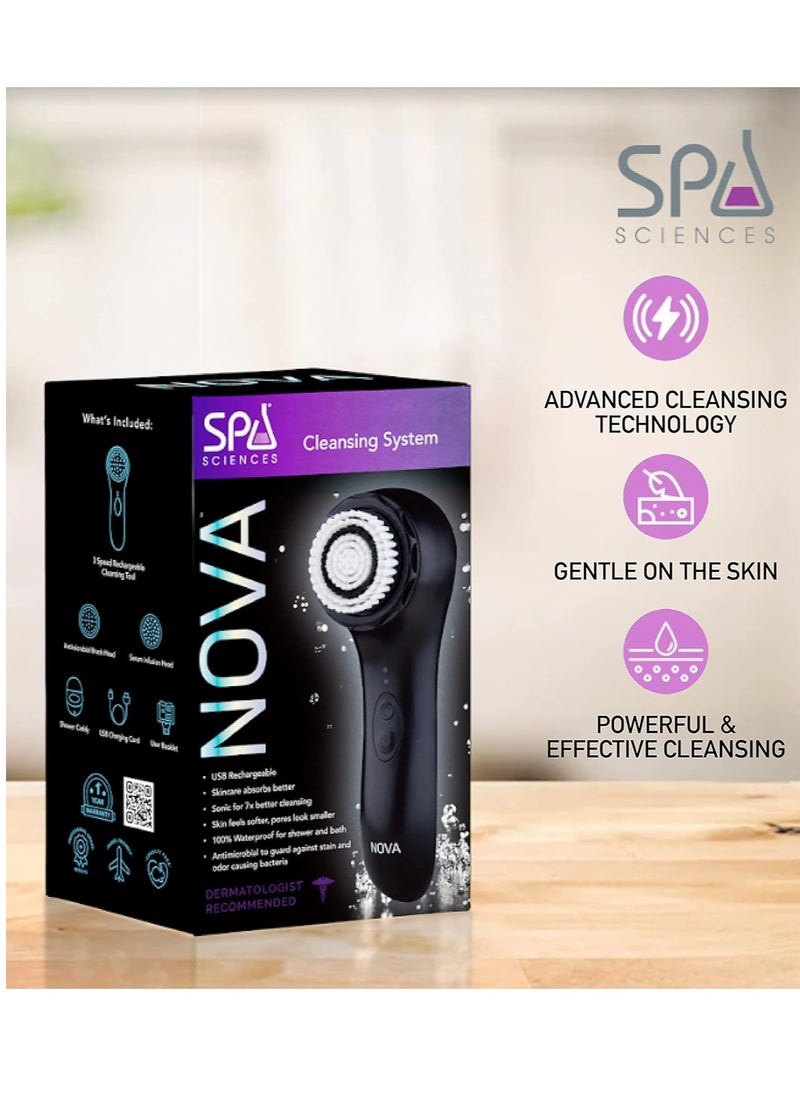 Spa Sciences - NOVA - Sonic Cleansing Brush with Bristles & Infusion System – Anti-Aging Facial Exfoliating, Waterproof, and USB Rechargeable