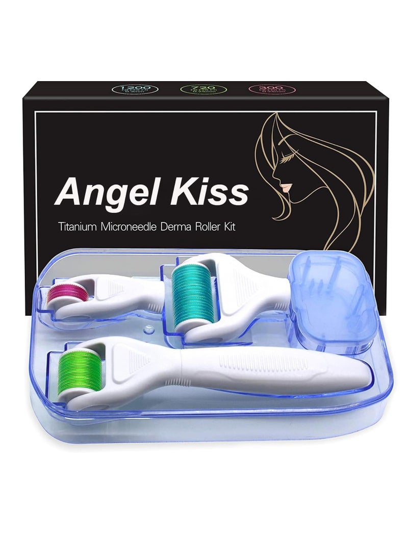 Derma Roller for Face and Body - Angel Kiss 4 in 1 Titanium Microneedling Roller Kit Micro Needle Microneedle Roller, 300 and 720 Needles 0.25mm,1200 Needle 0.3mm