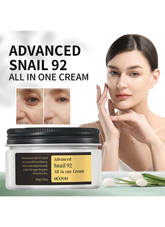 Advanced Snail 92 All In one Cream, Formulated with 92% Snail Secretion Filtrate(Mucin). This cream helps naturally create the appealing glow of healthy skin. For Dry And Sensitive Skin Moisturize Dry & Dull Skin 100g