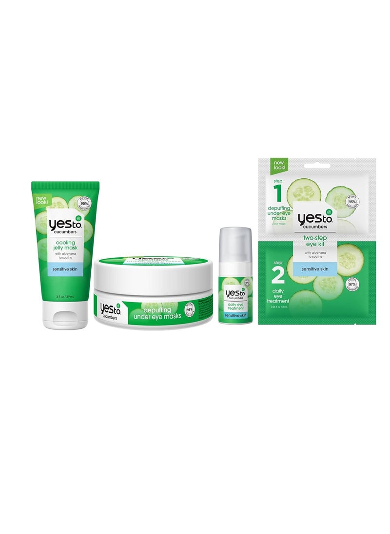 Yes To Cucumbers Sensitive Skin Set – Cooling Jelly Mask, Depuffing Under Eye Masks, Two-Step Eye Kit,