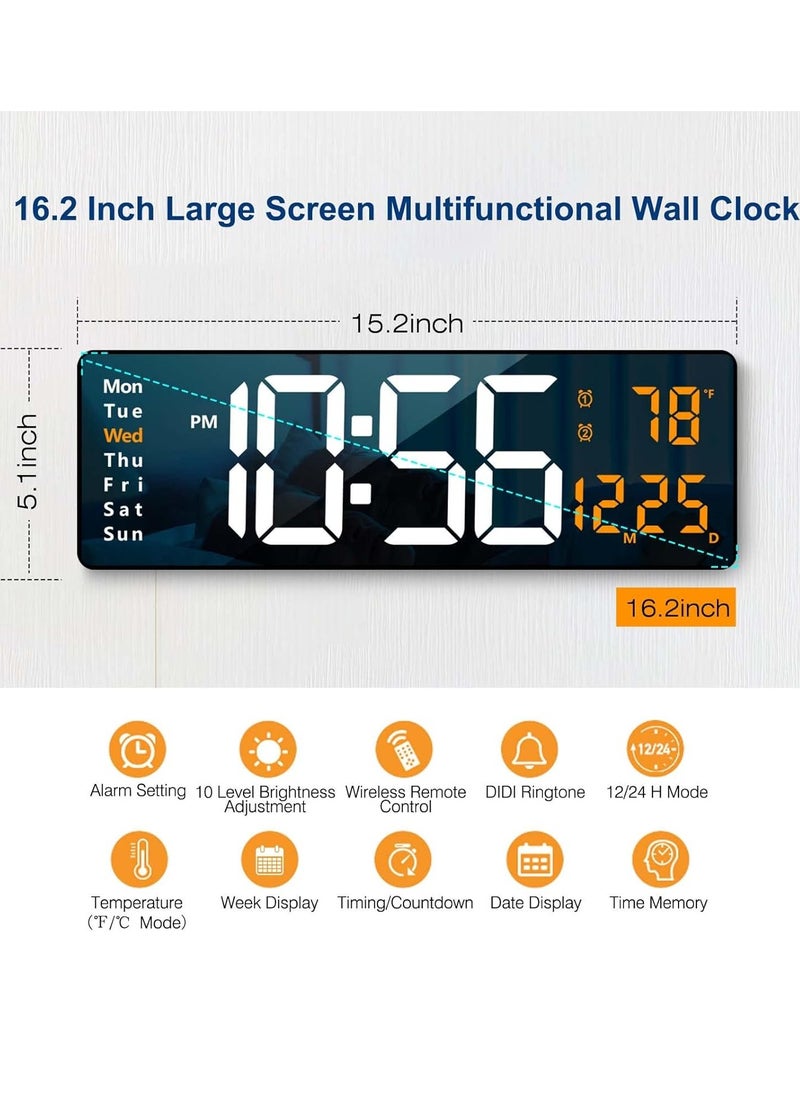 16.2 Inch Large LED Digital Wall Clock with Remote Control, Auto Brightness Dimmer, Date, Week & Temperature Display - Ideal for Living Room, Bedroom, Office - Easy-to-Read Big Wall Clock with Modern Plastic Design for Home & Office Use