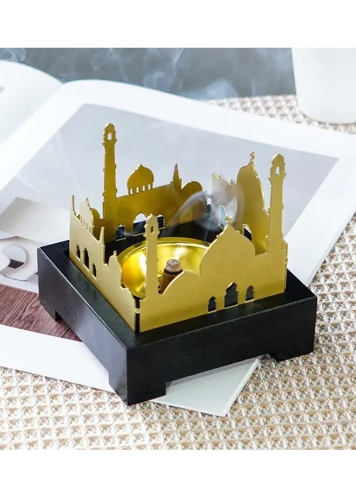 1pc Ramadan Creative Square Base Castle Pattern Aromatherapy Home Living Room Dining Table Decor Incense Burner Ornament Craft, No Electricity Required