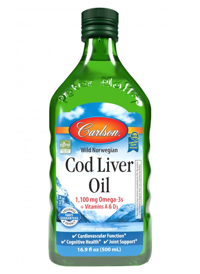 Carlson - Cod Liver Oil, 1100 mg Omega-3s, Wild-Caught Norwegian Arctic Cod-Liver Oil, Sustainably Sourced Nordic Fish Oil Liquid, Unflavored, 500 ml (16.9 Fl Oz)